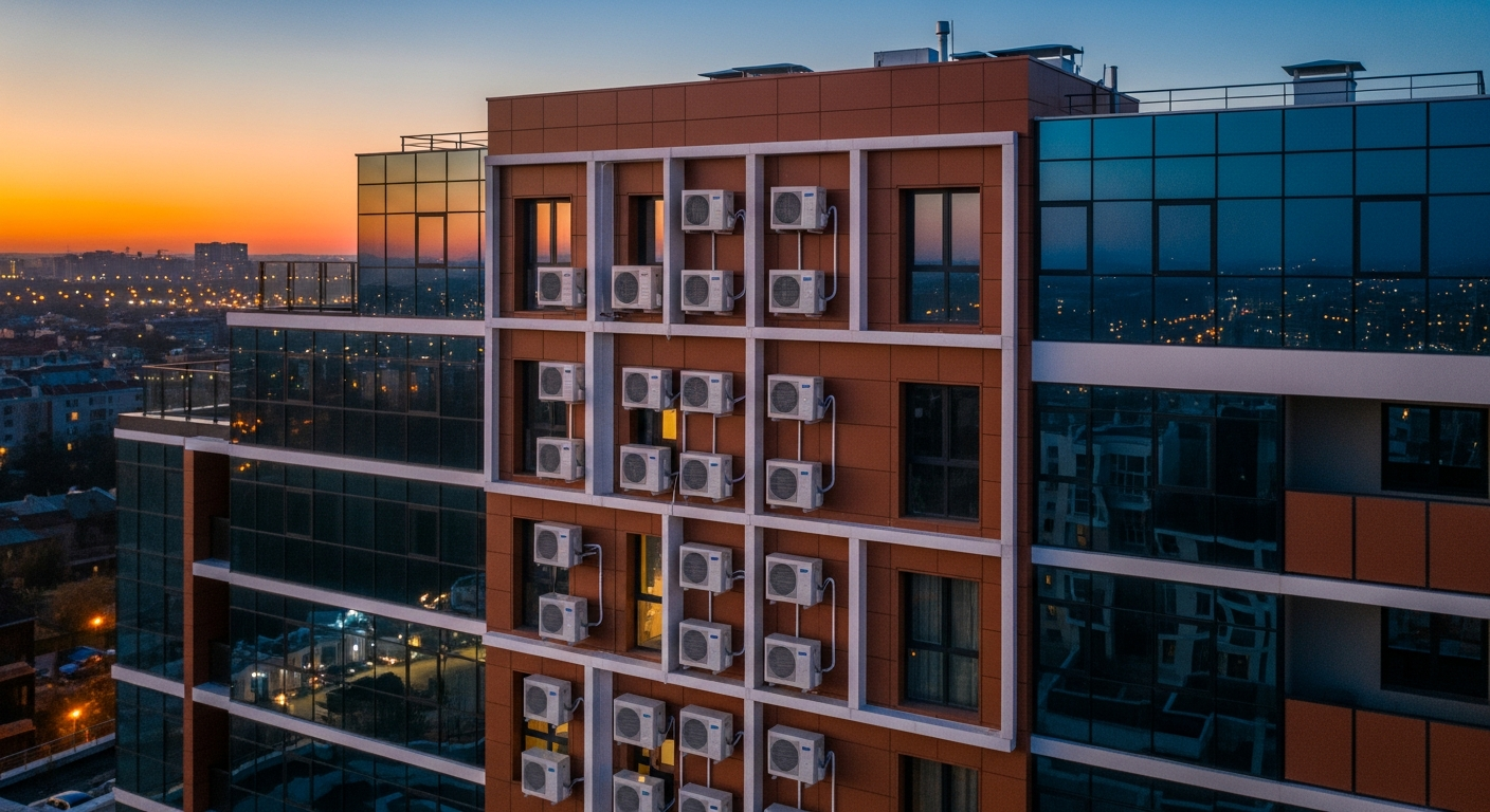 Unité extérieure de immobilier fixée sur la façade d'une maison individuelle avec jardin