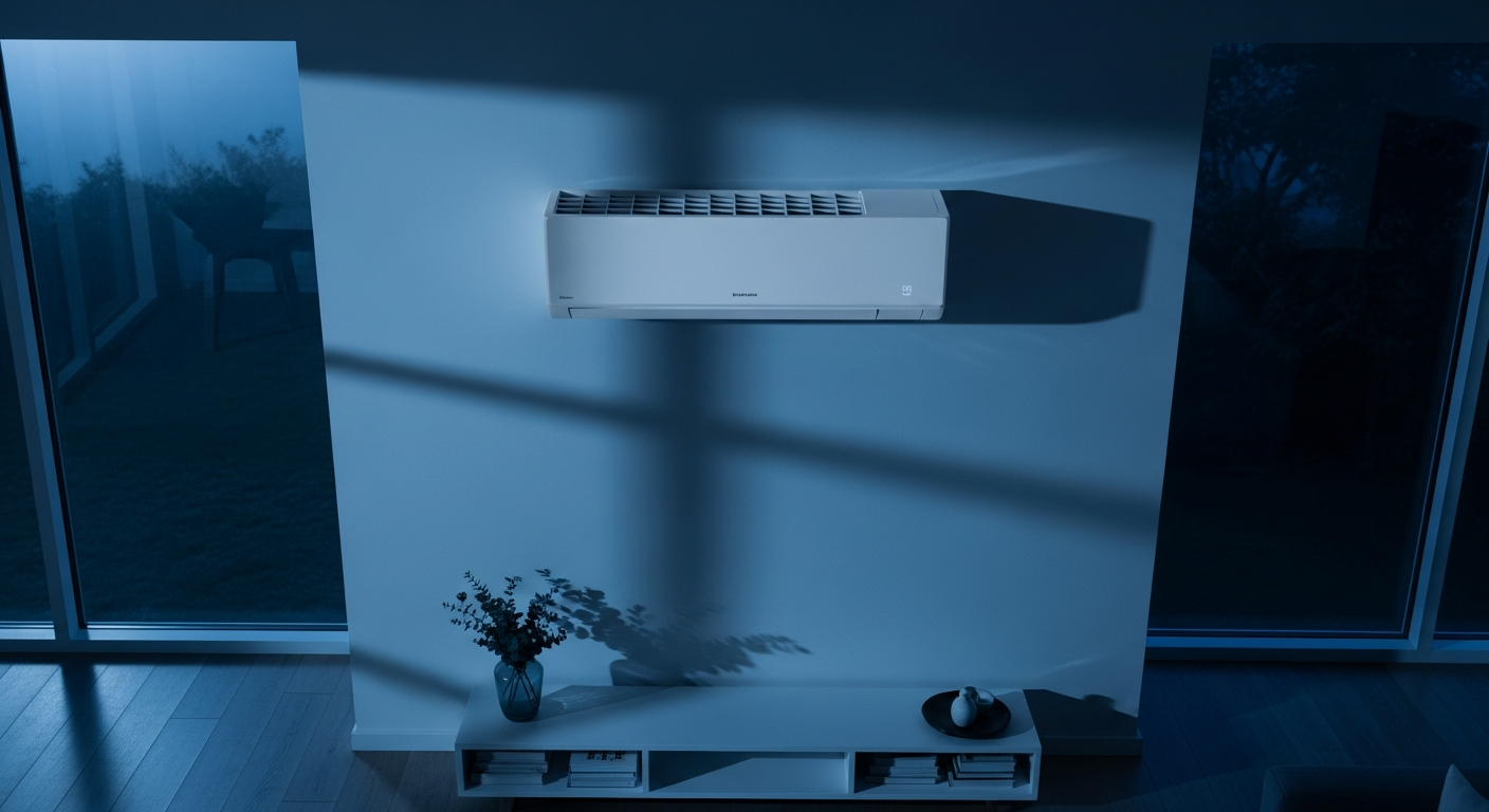 Climatiseur split moderne installé dans un salon confortable avec canapé et décoration intérieure contemporaine